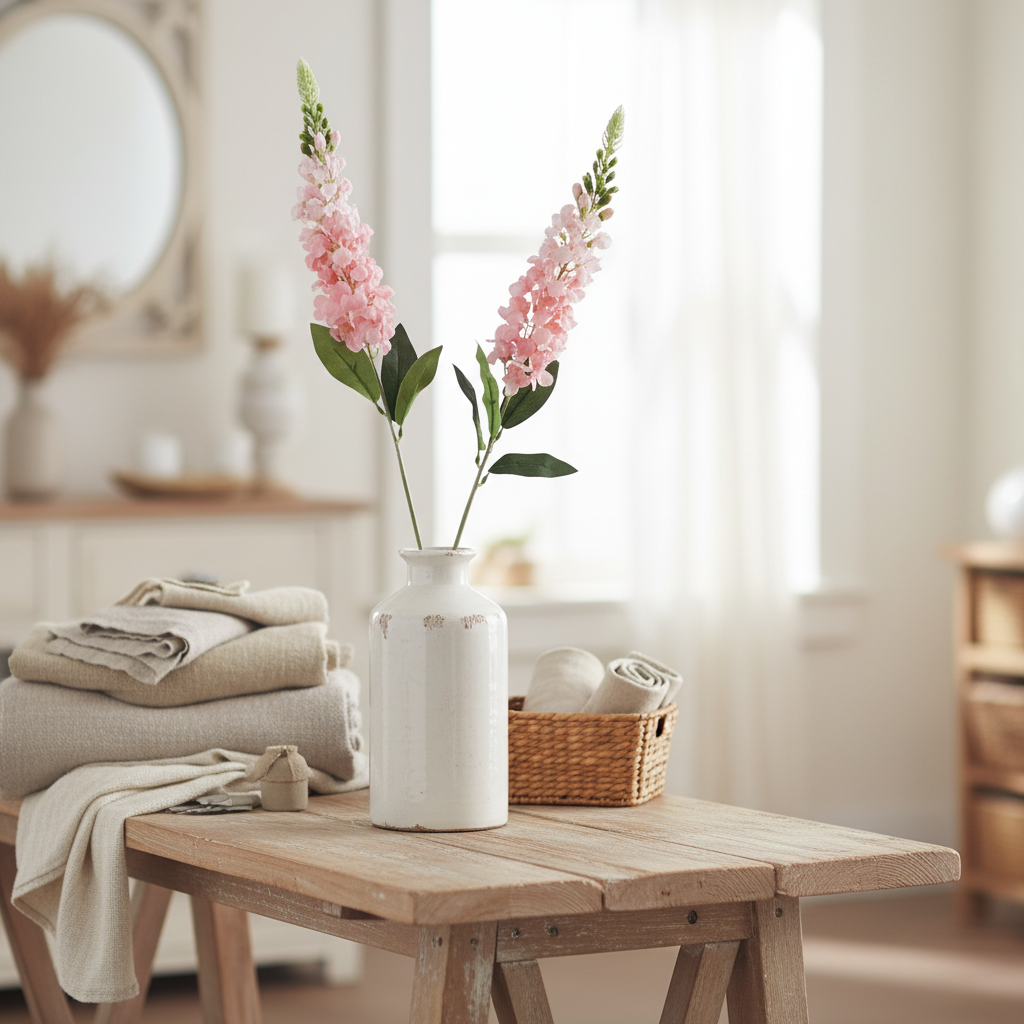 Two artificial blush pink snapdragon stems in white ceramic vase on farmhouse entryway console