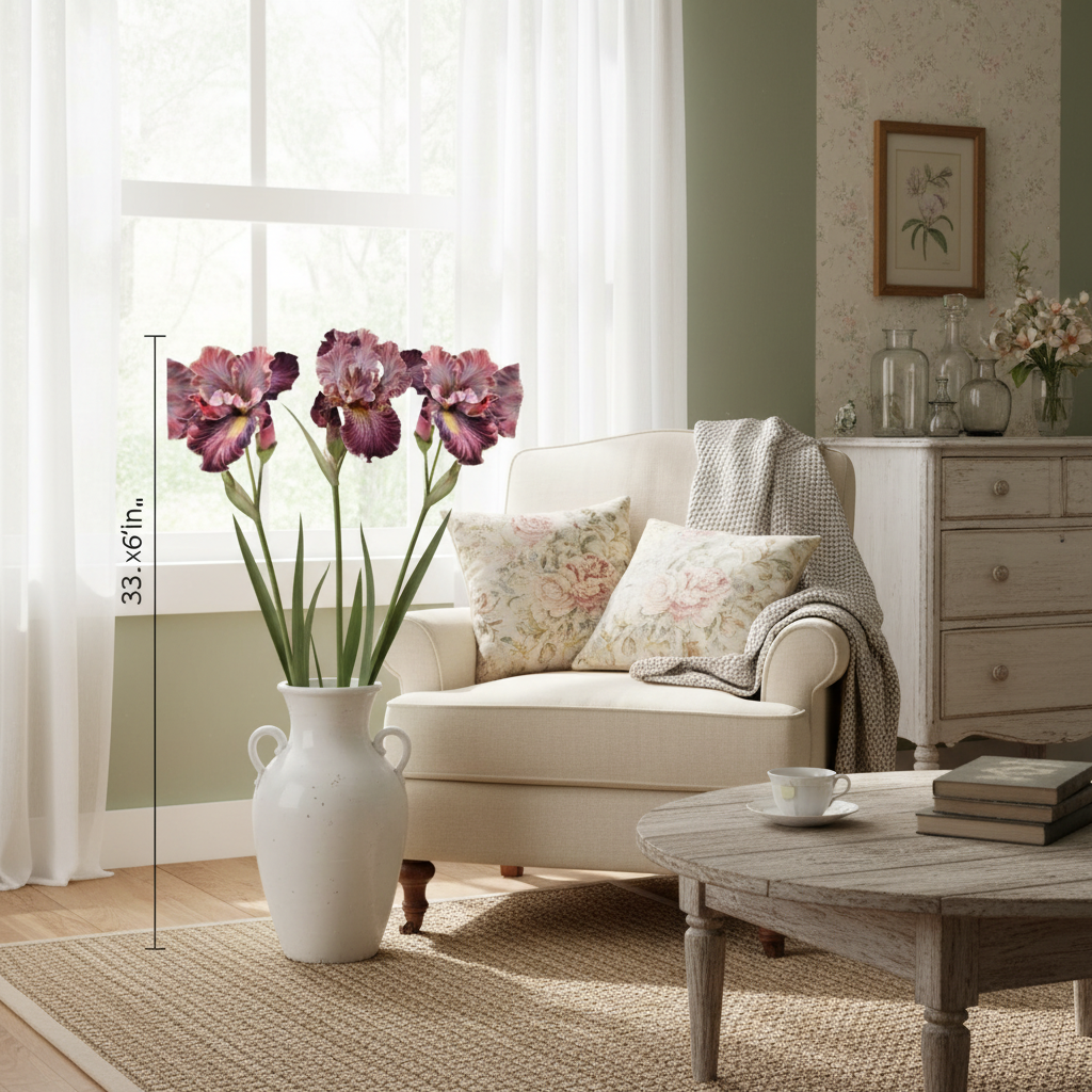 Layered purple artificial iris flowers in vintage white ceramic vase, cottage farmhouse shabby chic decor, 33 inches tall with small delicate blooms