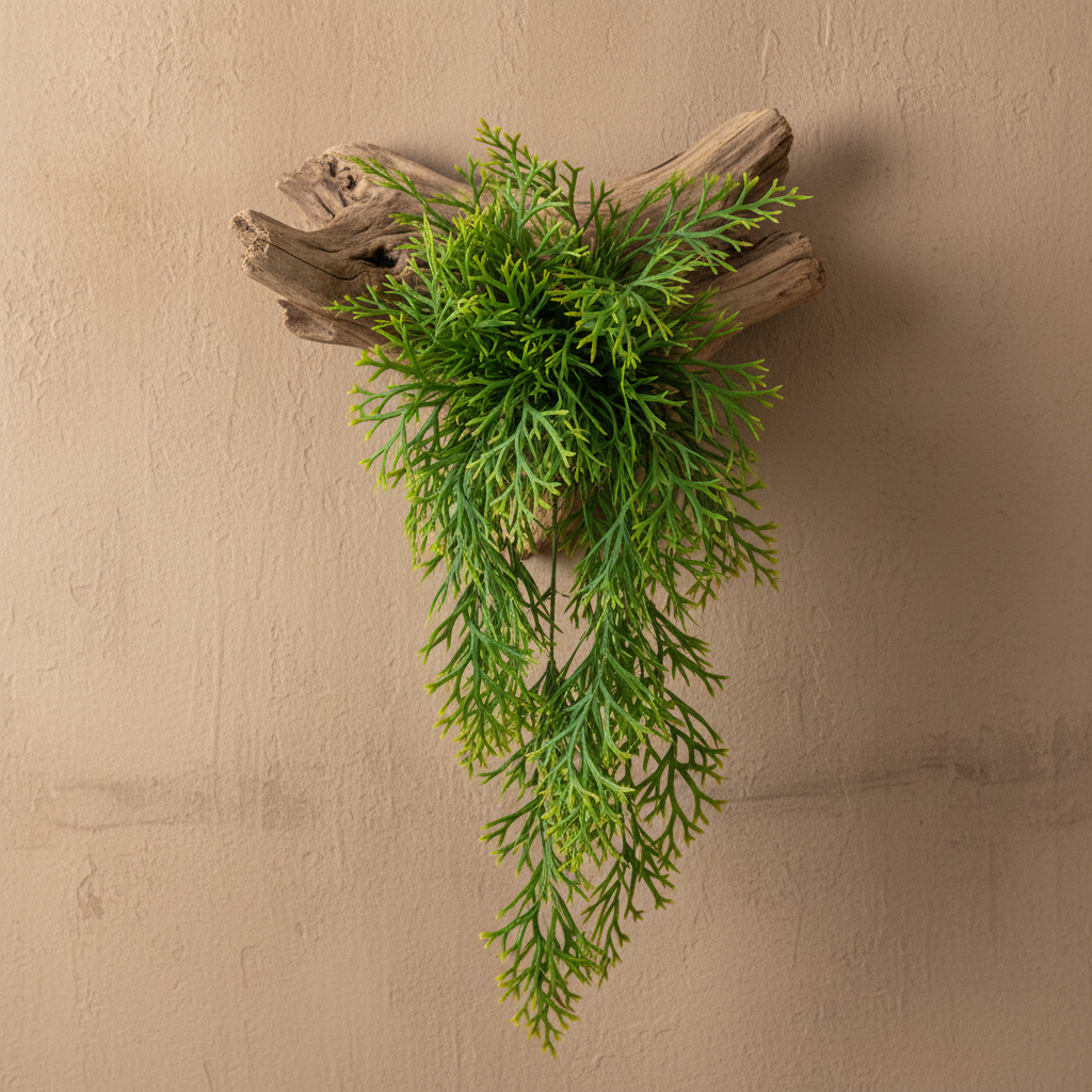 Bright green artificial staghorn fern mounted on driftwood wall display with cascading foliage - boho faux hanging plant decor
