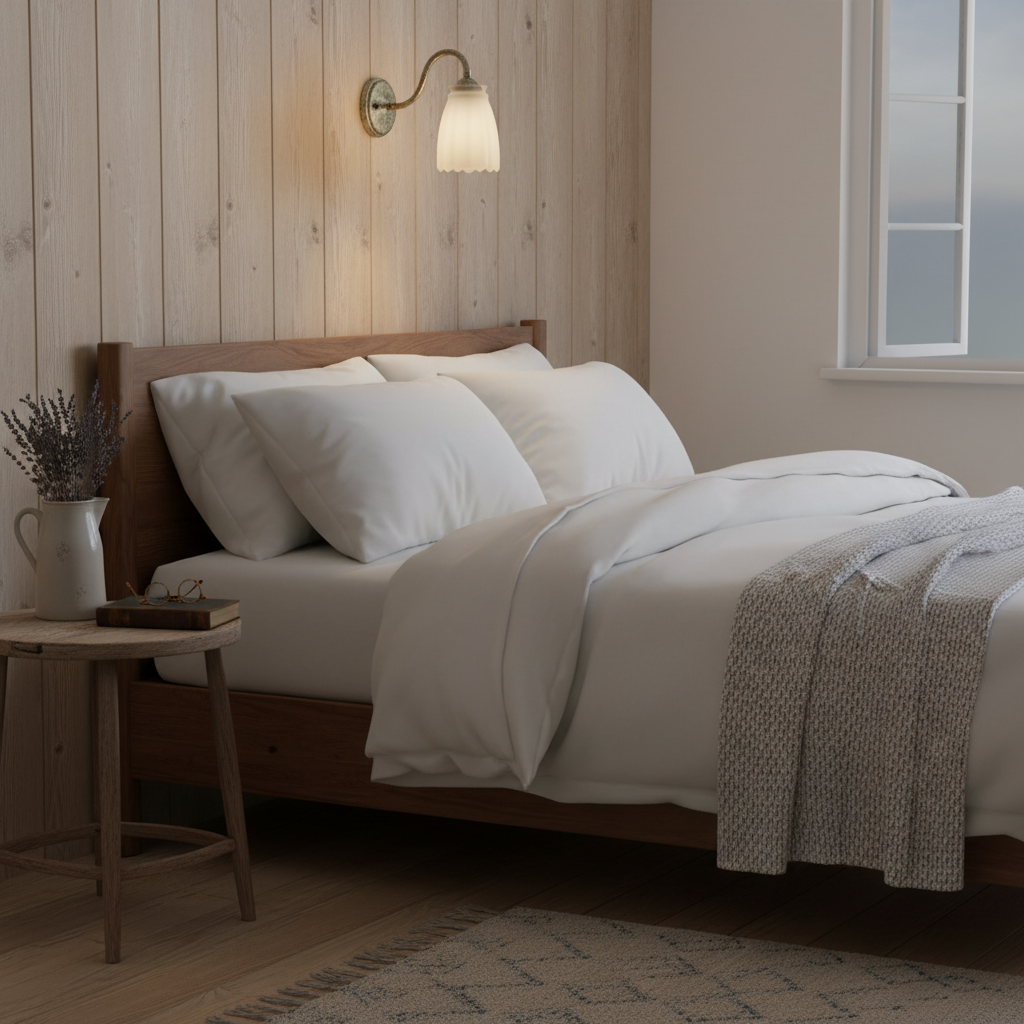 Vintage frosted glass scalloped light shade on wall sconce in cottage-style bedroom with cozy vintage decor