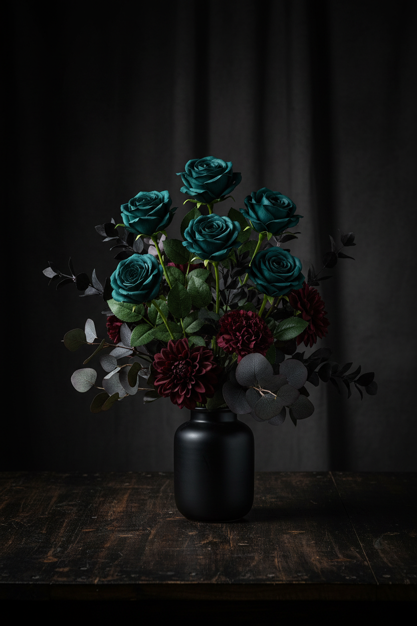 Set of 6 dark teal green peacock artificial rose stems in black matte vase with dark burgundy florals and black leaf stems gothic moody wedding centerpiece