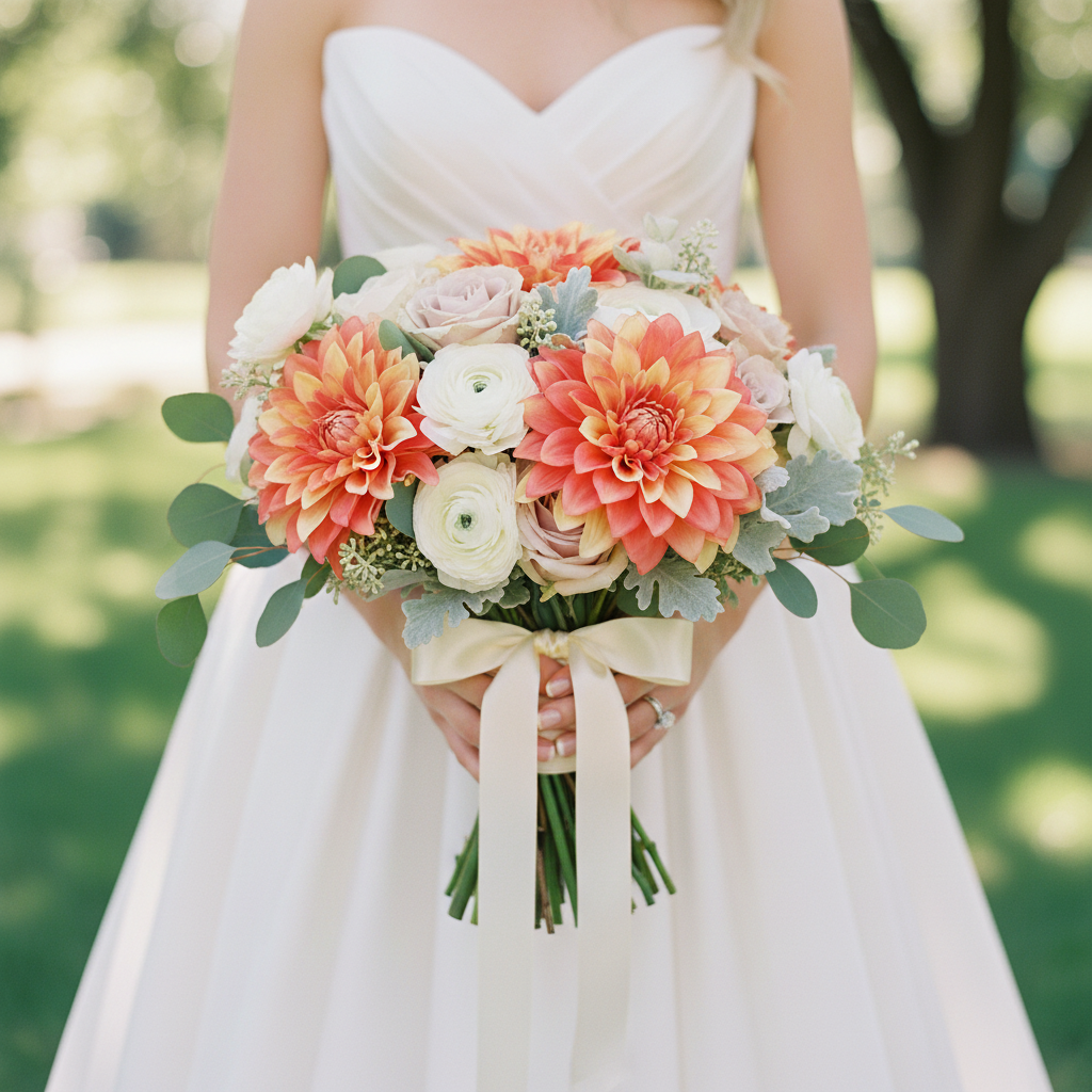 Bridal bouquet featuring coral and yellow dahlia blooms with white ranunculus, blush roses and eucalyptus greenery