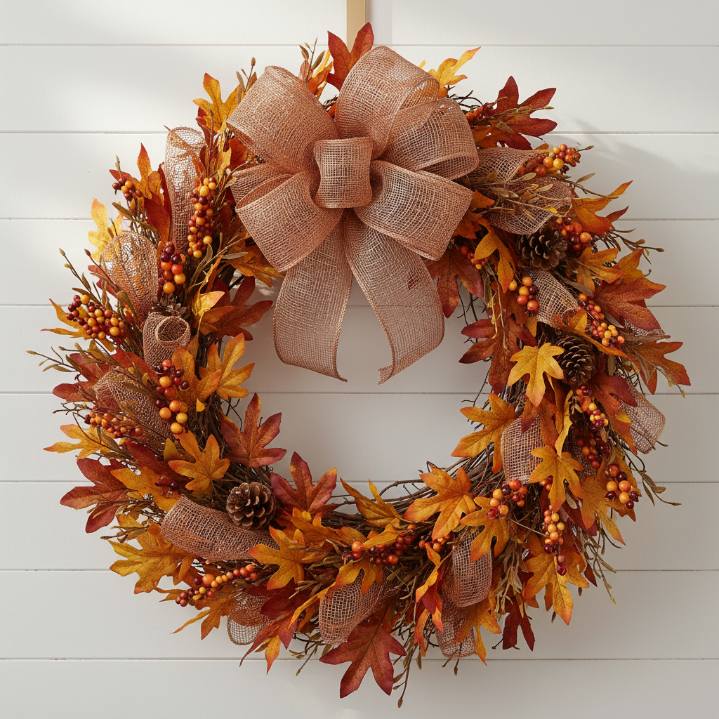Rustic autumn wreath with copper mesh ribbon bow, fall leaves, and pinecones