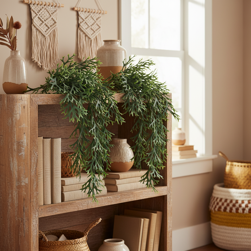 Two artificial staghorn fern bunches draped over rustic wooden bookshelf with cascading foliage - boho faux trailing plant decor
