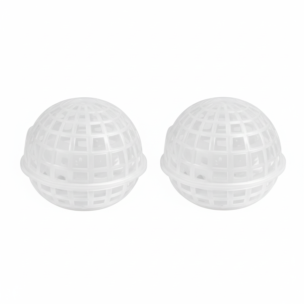 Clear plastic sphere plant basket set of 2 snap-together ventilated grid ball orchid epiphyte pot white background