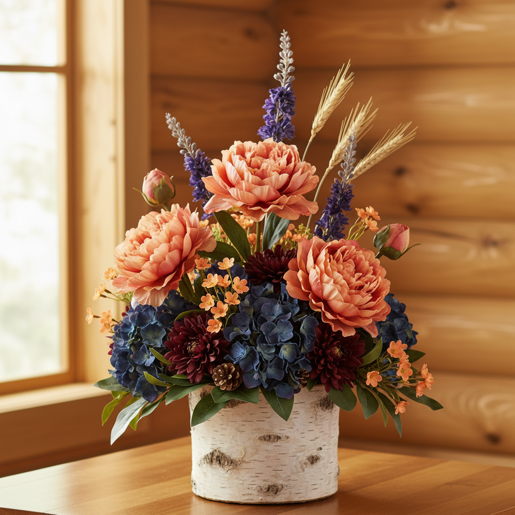 Peach coral faux peony stems in a natural birch bark container in a bright log home interior, styled with purple liatris spikes, orange waxflower, burgundy mums, blue hydrangea, eucalyptus, and dried wheat stems, fall floral centerpiece