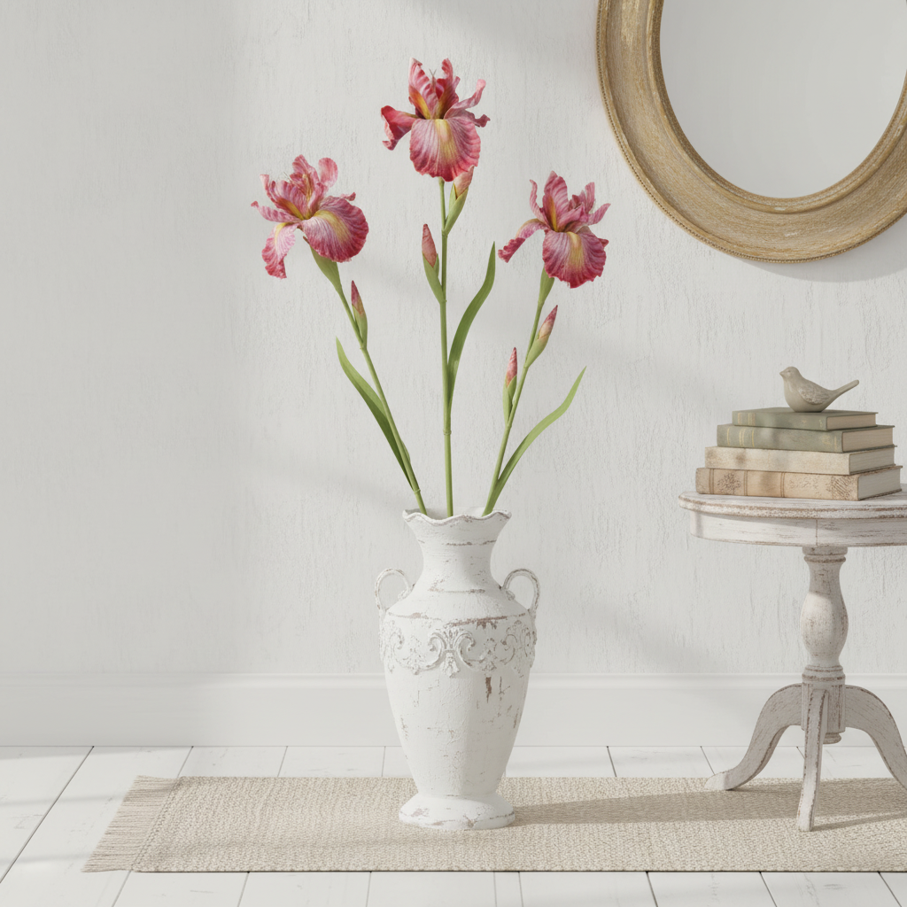 Three pink purple faux iris stems in distressed white floor vase, shabby chic French country cottage home decor with soft pastels