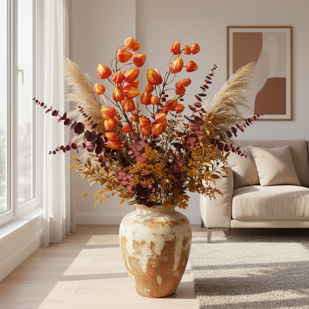Two artificial orange Chinese lantern flower stems mixed with fall florals and dried grasses in large floor vase in modern living room