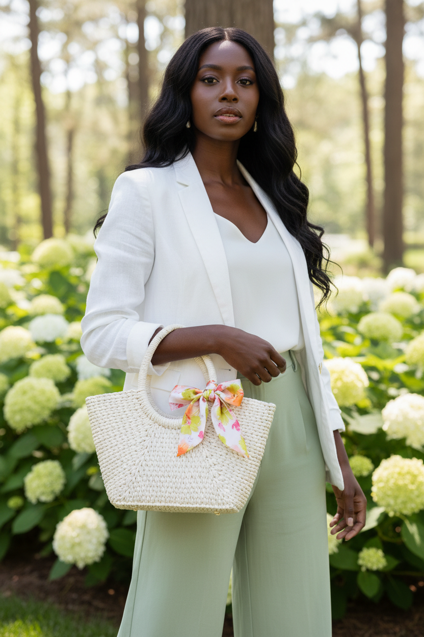 Woman with deep skin tone and black hair with a green orange pink watercolor floral satin scarf tied as a small accent bow on a white woven straw handbag in a fresh spring outdoor setting