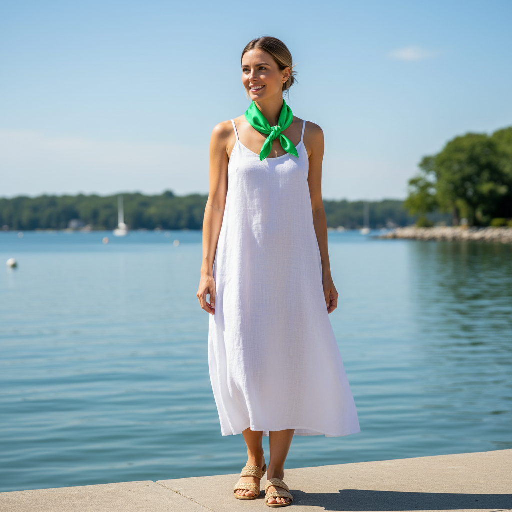 Woman wearing Kelly green wild rag scarf as head scarf at summer beach lakeside vacation