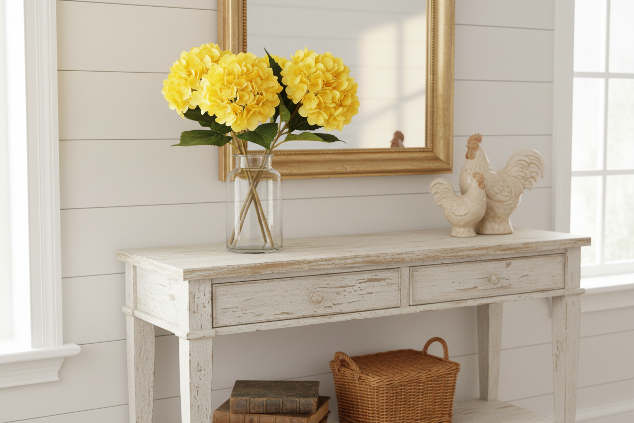 Shabby chic console table with sunny yellow hydrangea stems in glass vase and French country decor