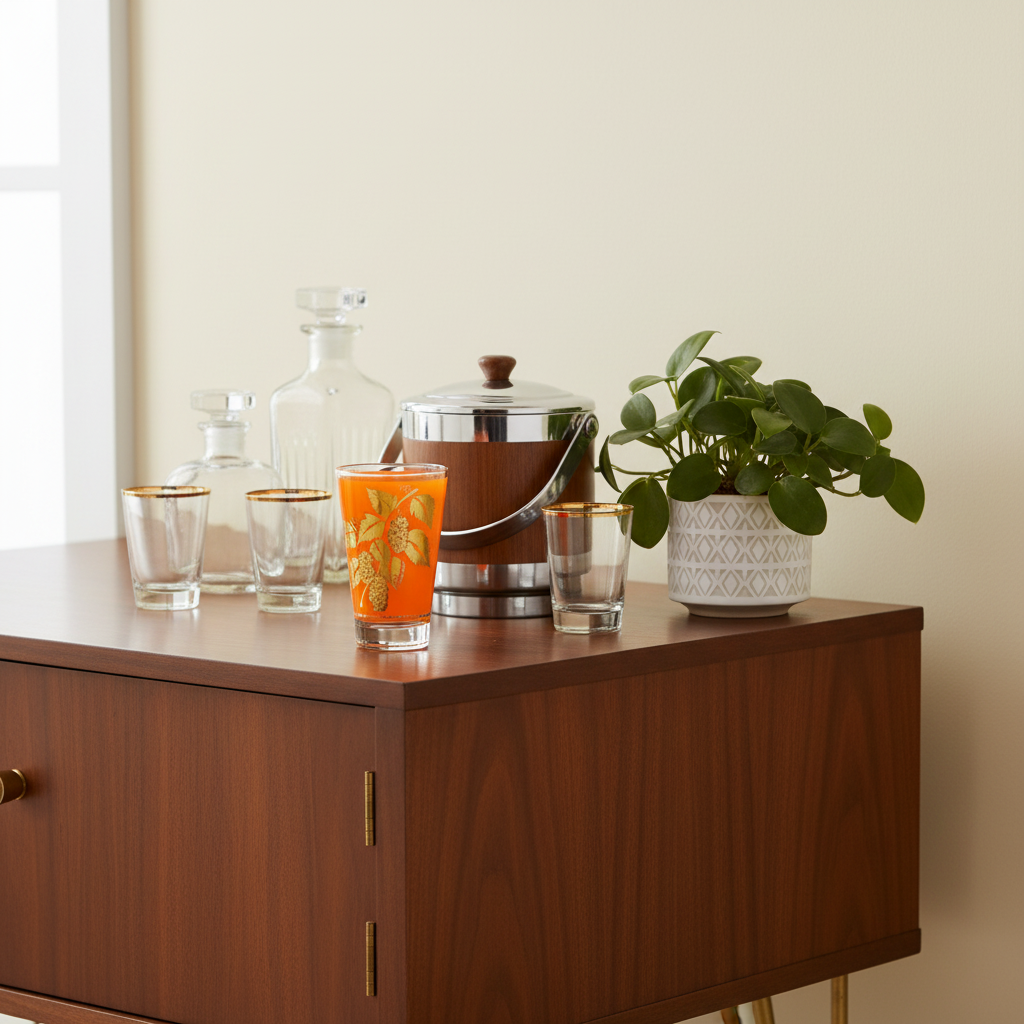 Vintage Libbey orange grape leaf tumbler displayed in mid-century modern barware collection on sideboard, collectible retro glassware