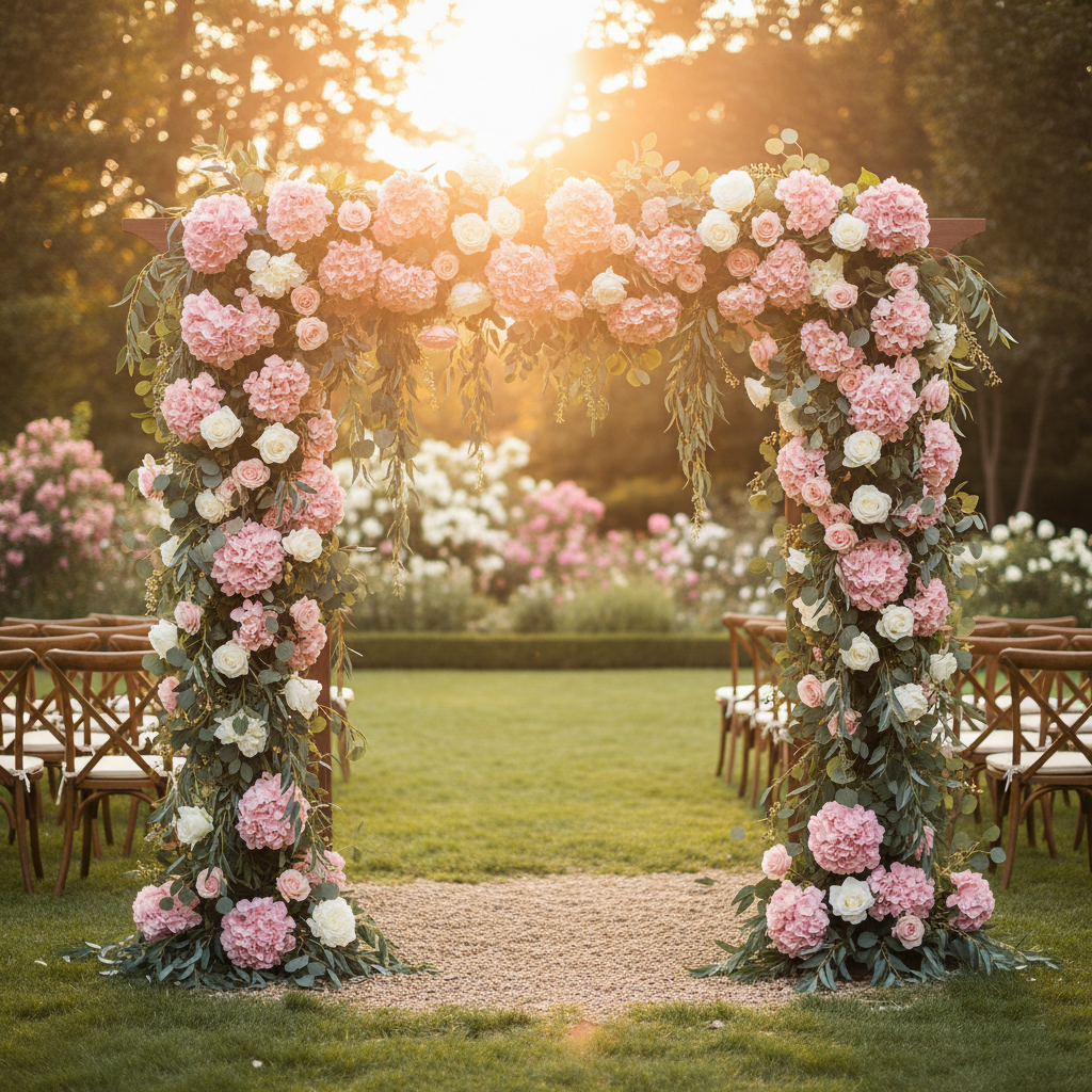 Outdoor wedding arch decorated with blush pink hydrangeas white roses pink peonies and eucalyptus golden hour garden ceremony