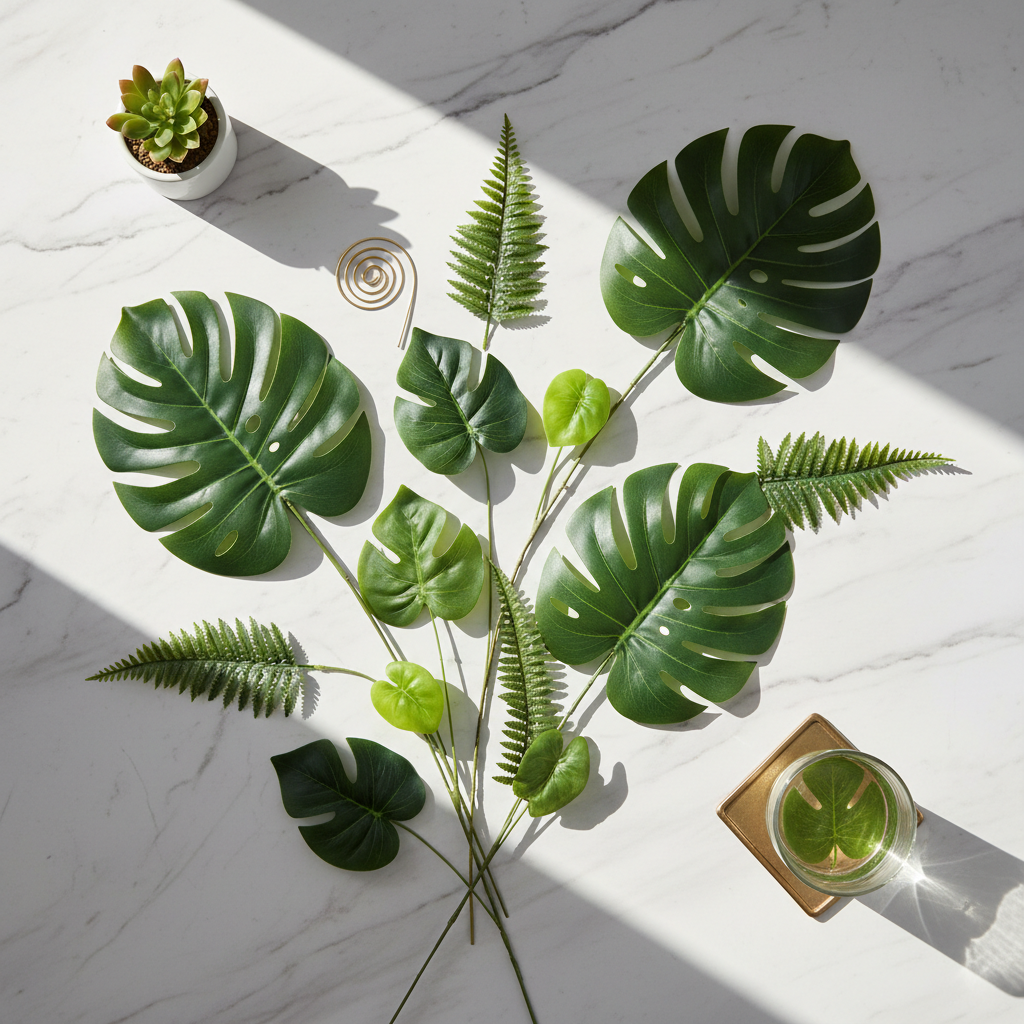 Minimalist flat lay of artificial Monstera leaves on white marble surface with natural shadows, modern tropical styling