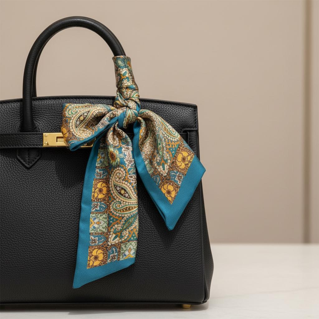 Teal blue gold paisley floral satin scarf tied as a bow on a luxury handbag handle – boutique bag accent