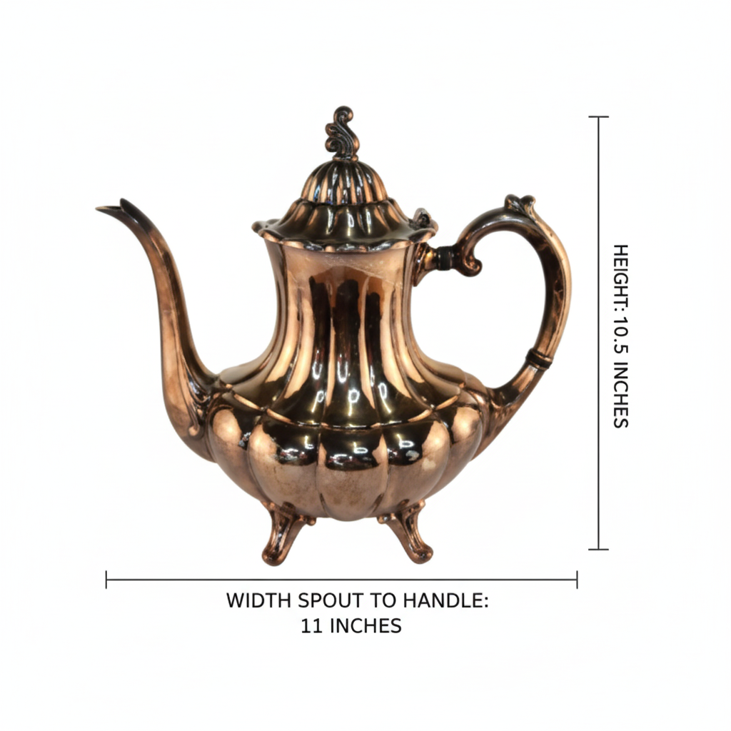 Measurement diagram of vintage Reed & Barton teapot showing height 10.5 inches, width spout to handle 11 inches