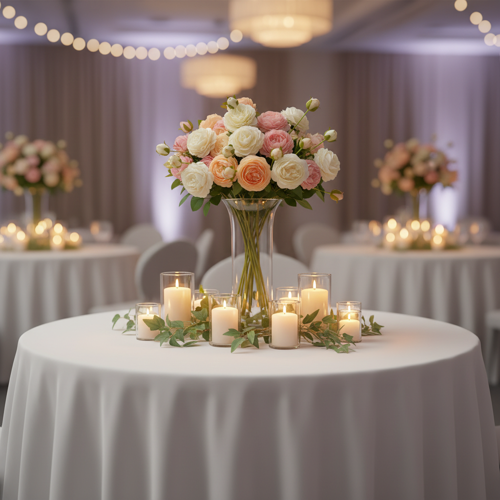 Wedding reception table centerpiece with white pink and peach artificial roses in tall glass vase with candles and greenery