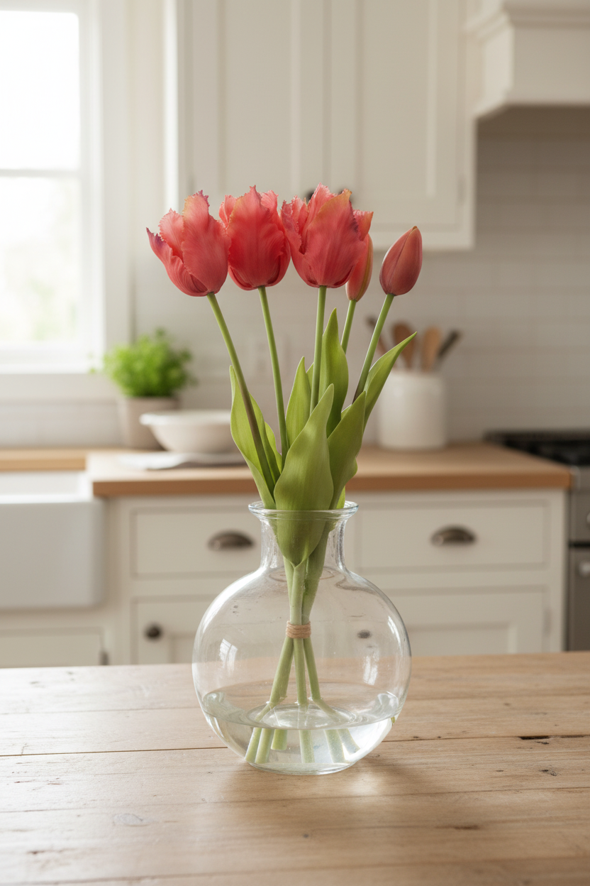 5 coral pink tulip stems with purple tips in clear glass vase - farmhouse kitchen counter display