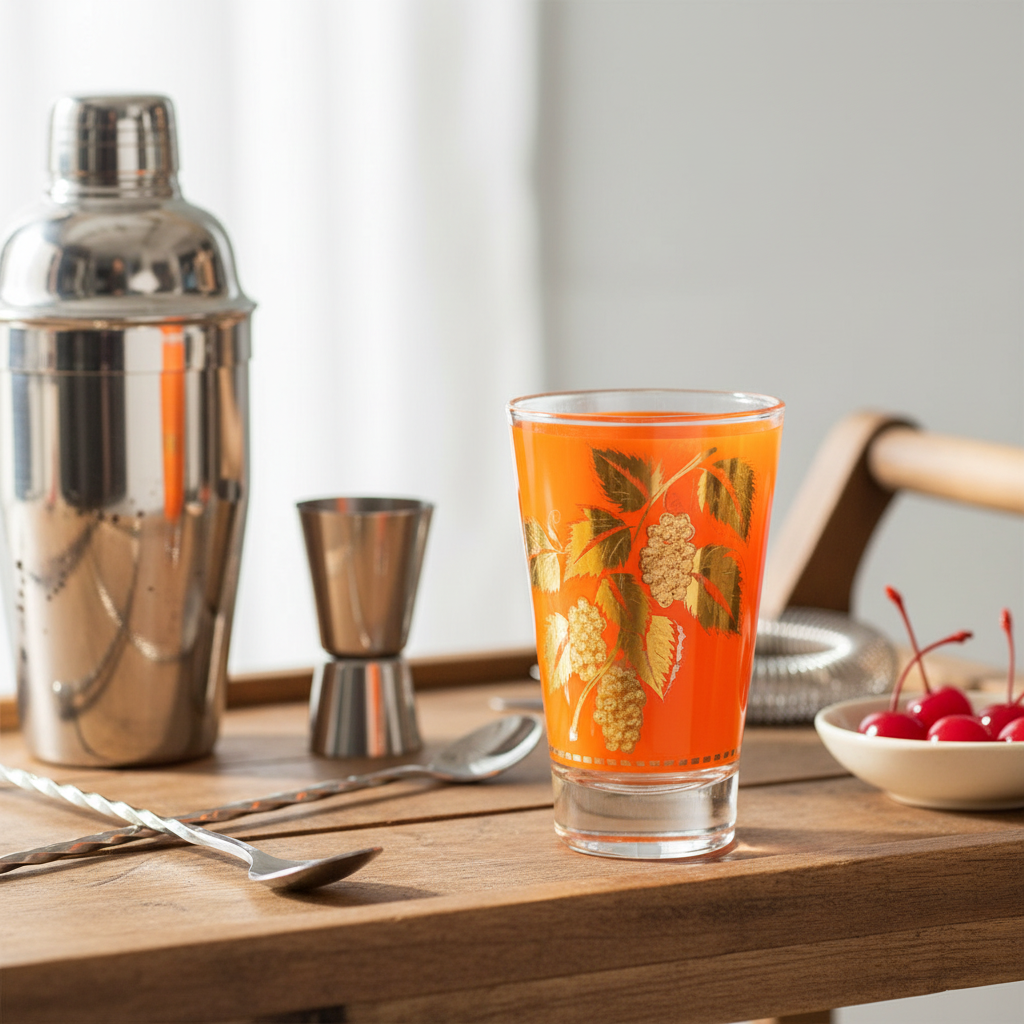 Vintage Libbey orange grape leaf tumbler on rustic bar cart with cocktail shaker and retro barware, mid-century gold grapevine glass