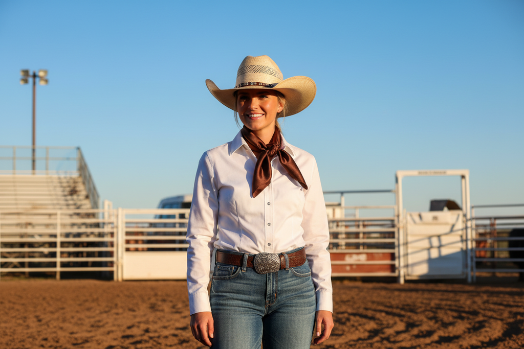 Chocolate brown wild rag worn at outdoor rodeo with blue sky, white western shirt and denim