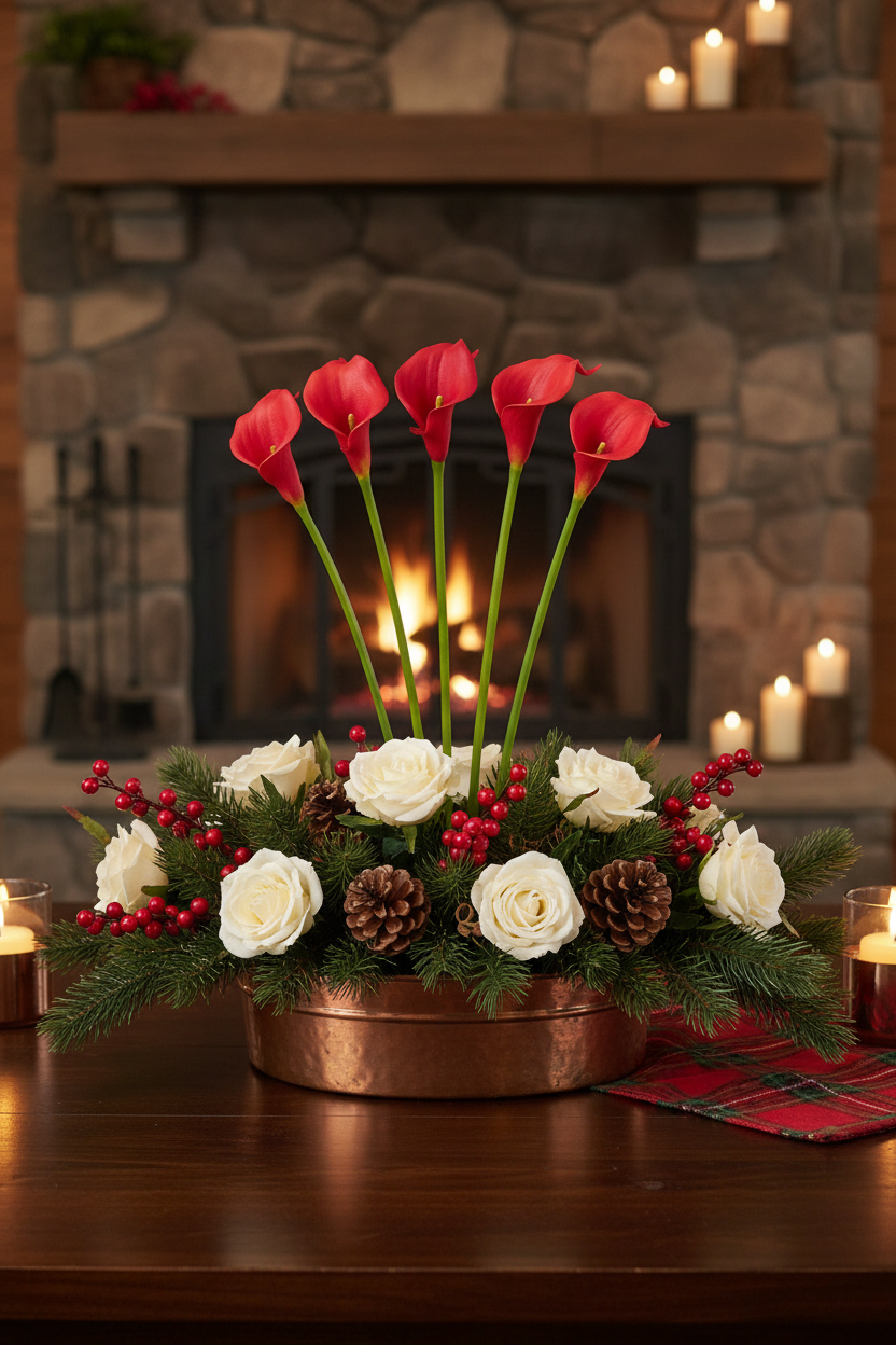 Five poppy red real-touch calla lily stems in a rustic lodge Christmas centerpiece with evergreen, red berries, pine cones, and ivory roses in an aged copper vessel