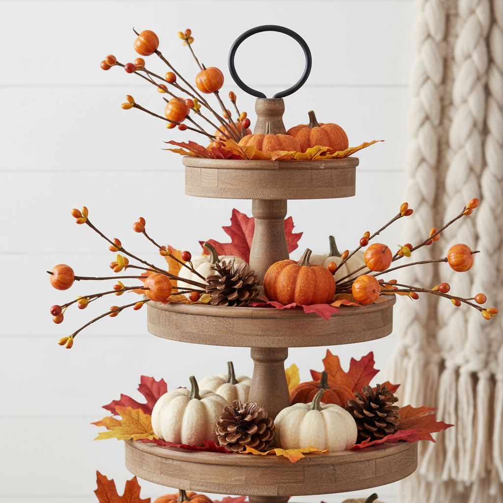 Faux fall pumpkin stems arranged on rustic wood tiered tray with mini pumpkins and autumn leaves - Thanksgiving farmhouse decor