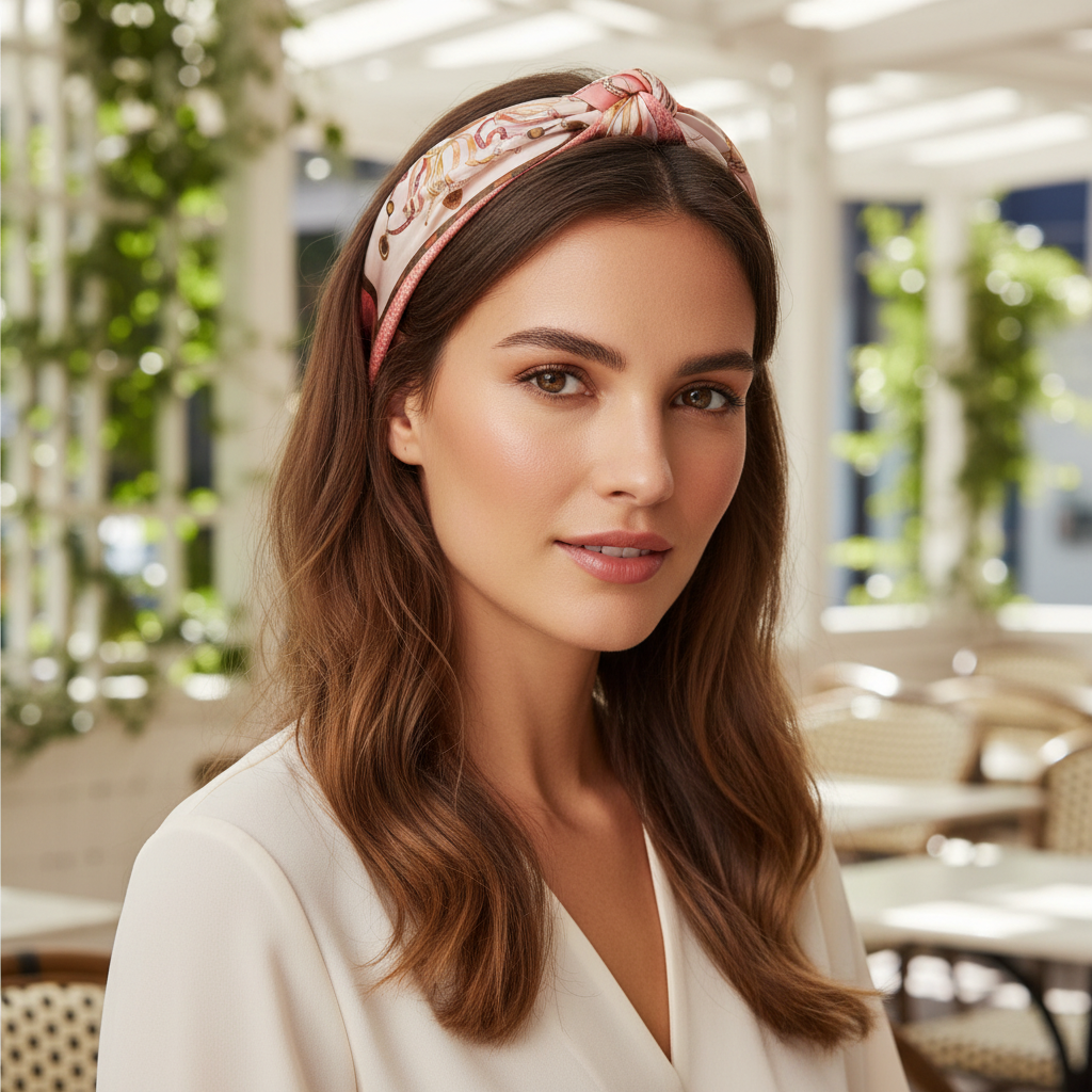 Pink medallion satin scarf styled as headband accessory