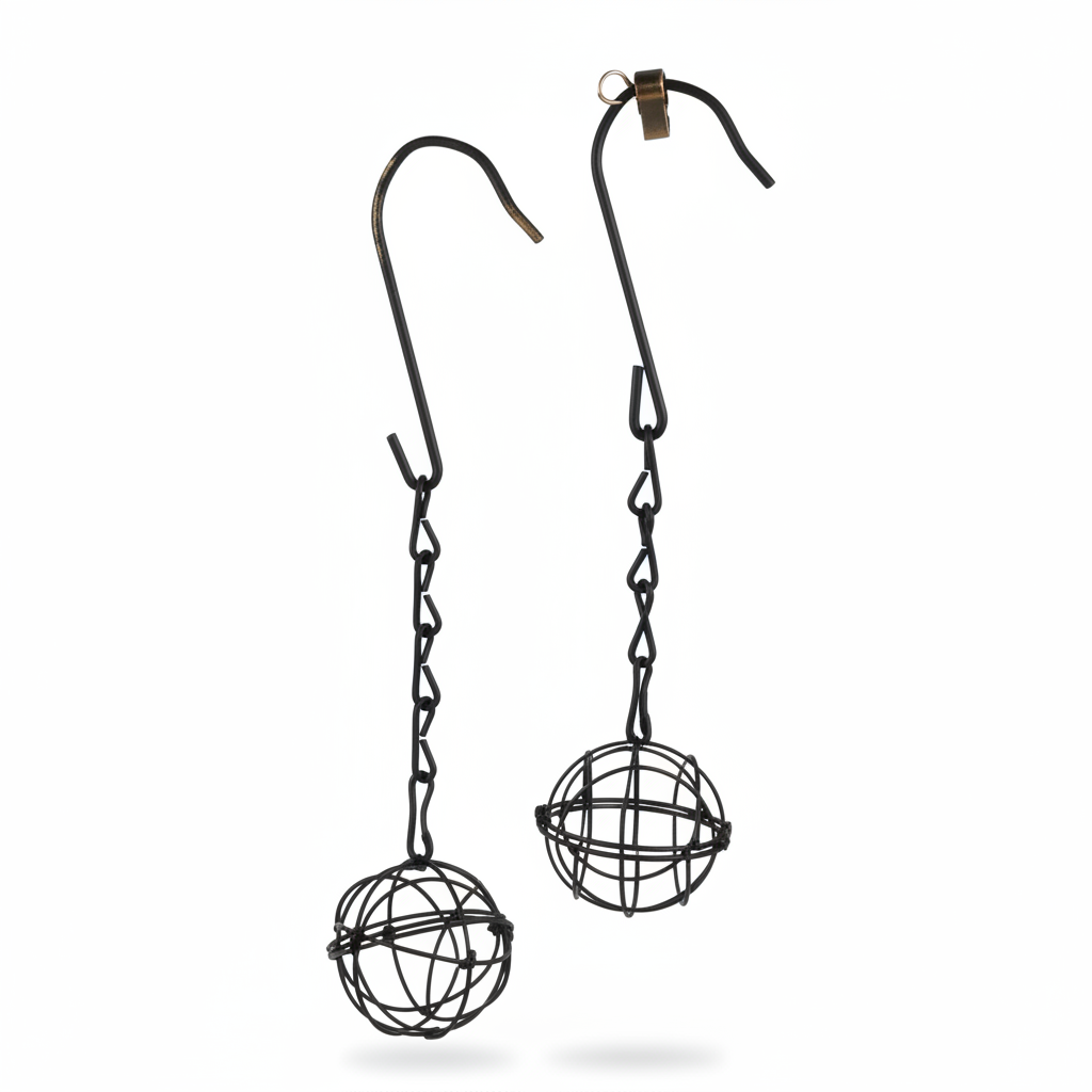 Black metal hanging sphere plant holders set of 2 with hooks and chains on white background, 2.75 inch diameter wire planters