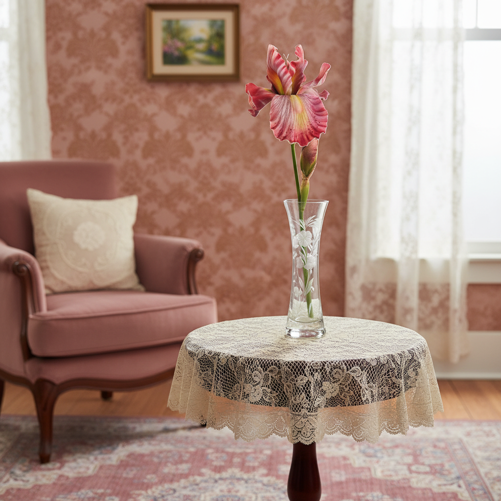 Single pink and purple artificial iris stem with yellow center in elegant slim vase, Victorian romantic minimalist display, vintage feminine decor