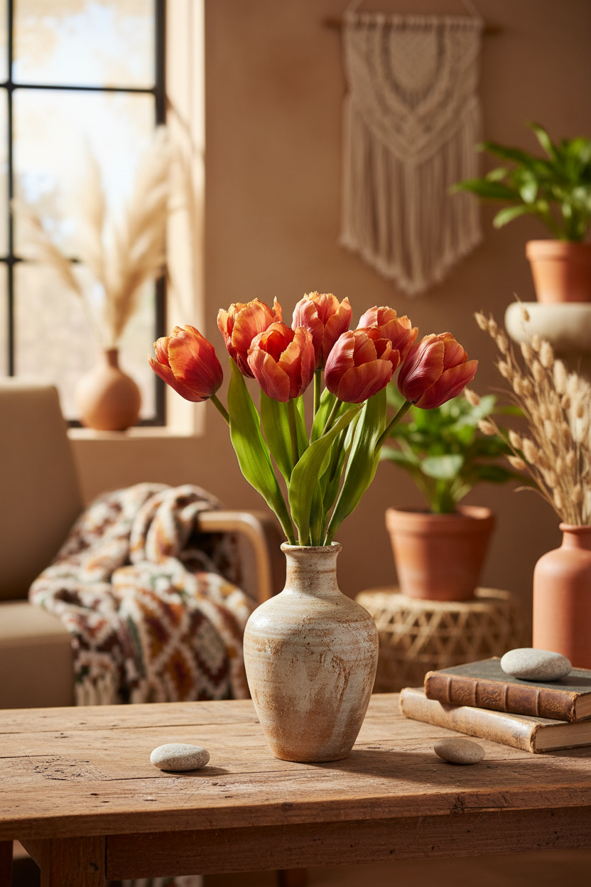 Terracotta fringed tulip bundle in ceramic vase on boho styled table with warm earthy decor