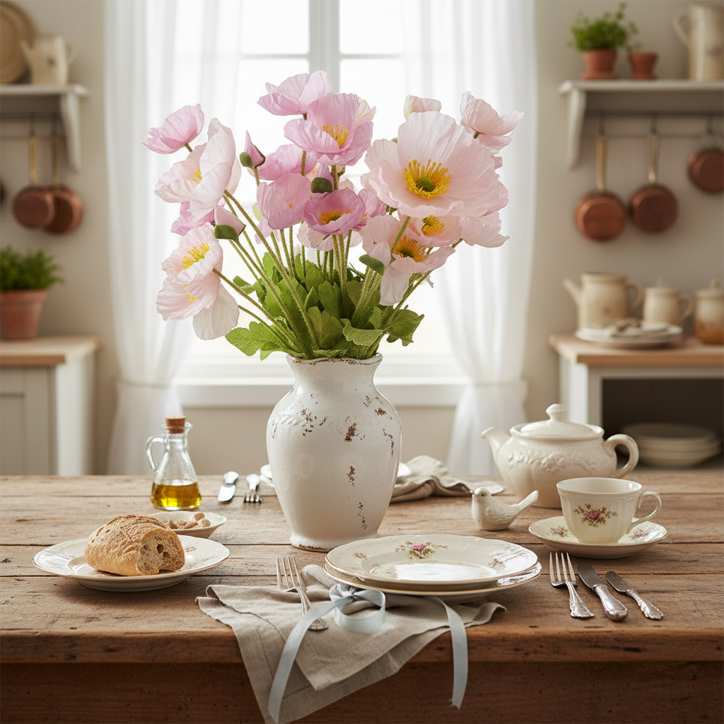 French country kitchen table centerpiece featuring pink and lavender poppy bouquet in white ceramic vase with vintage dishes and soft morning light