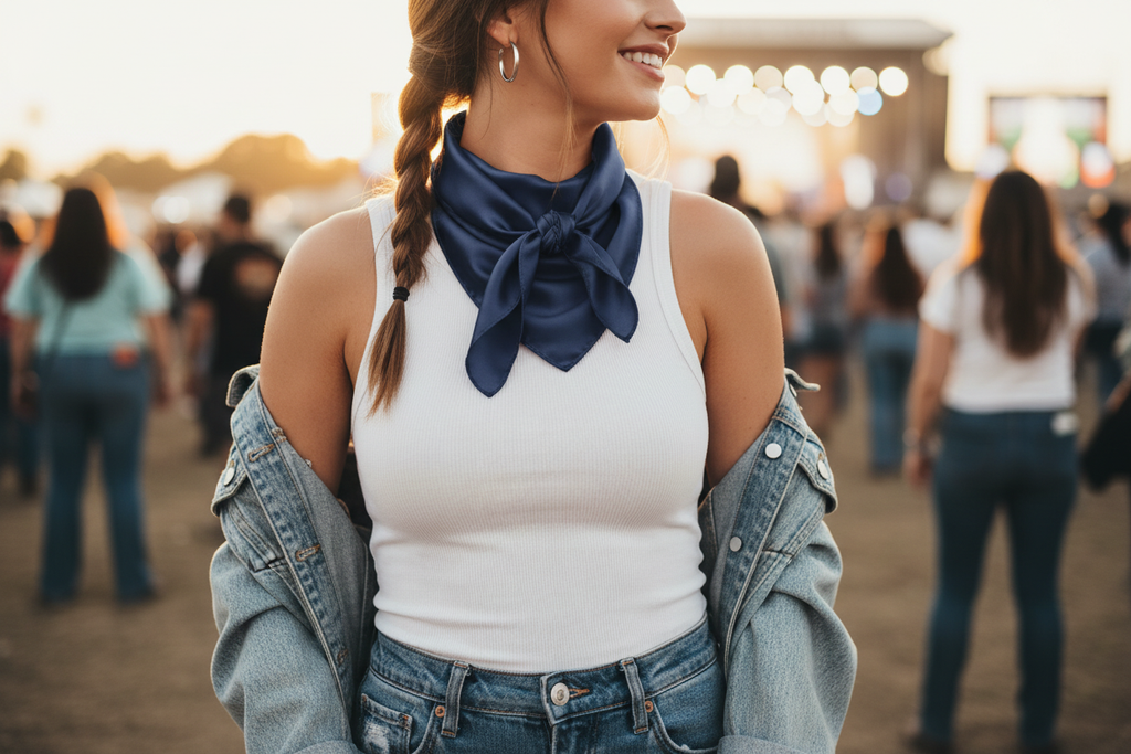 Navy blue wild rag at country concert with white tank and denim