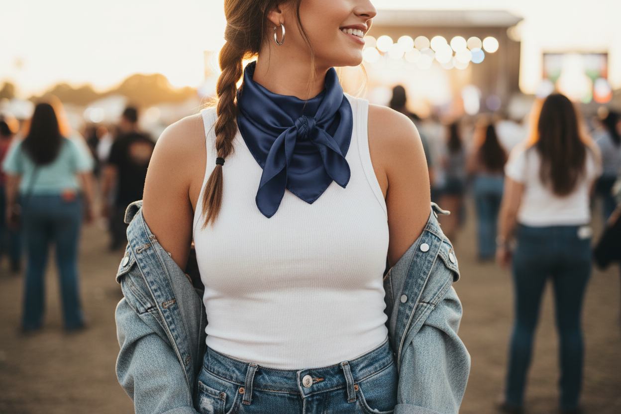 Navy blue wild rag at country concert with white tank and denim