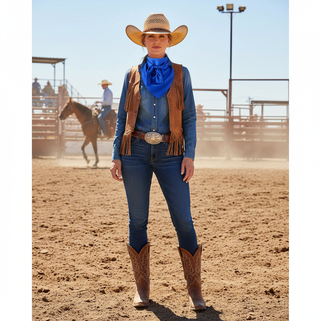 Woman wearing royal blue wild rag scarf at summer rodeo event - authentic western style