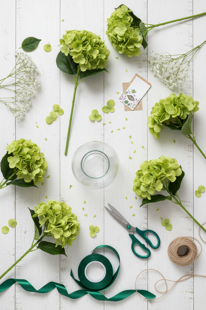DIY floral arrangement workspace with apple green hydrangea stems, green ribbon, and craft supplies overhead view