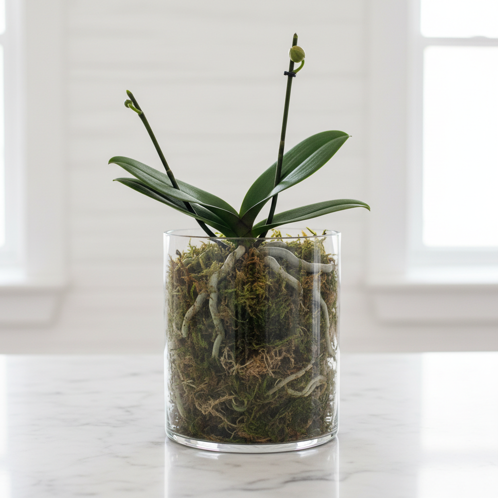 Natural green dried moss used as orchid potting base in a clear glass vase styled on a marble countertop