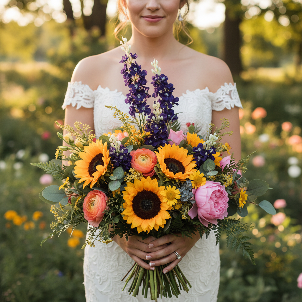 Bride holding colorful wildflower bridal bouquet with artificial purple delphinium stems sunflowers orange ranunculus and pink peonies
