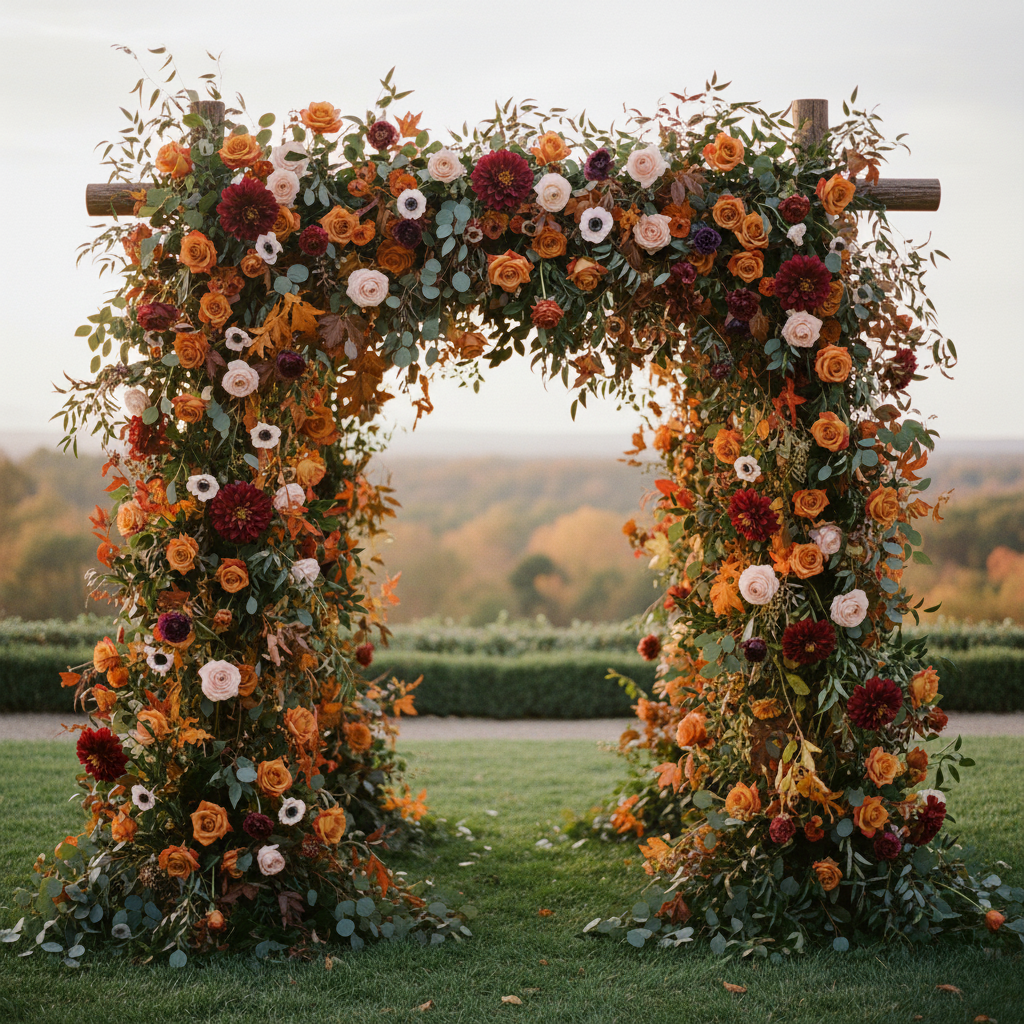 Fall wedding arch decorated with burgundy dahlia blooms, burnt orange roses, plum anemones and autumn foliage