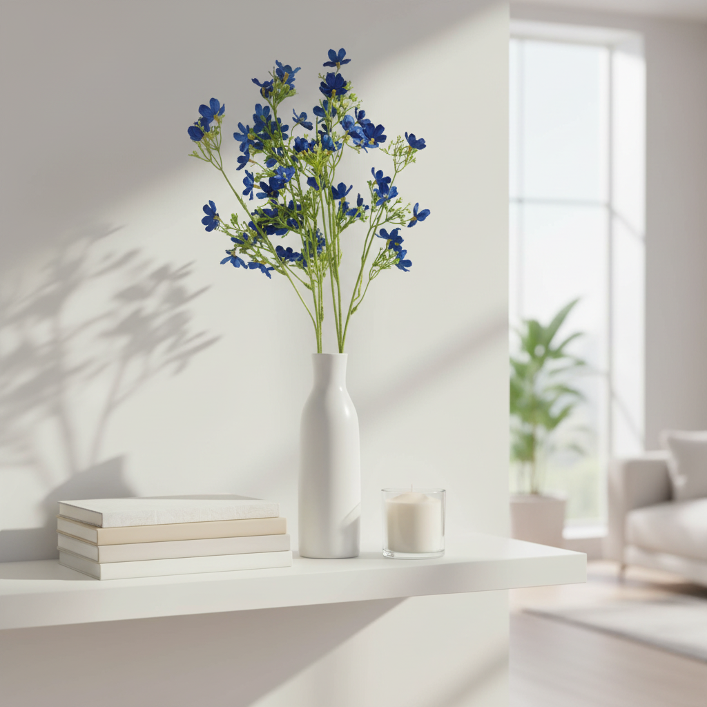 Artificial cobalt blue dogwood stems in white ceramic vase on modern living room shelf with neutral books and candle