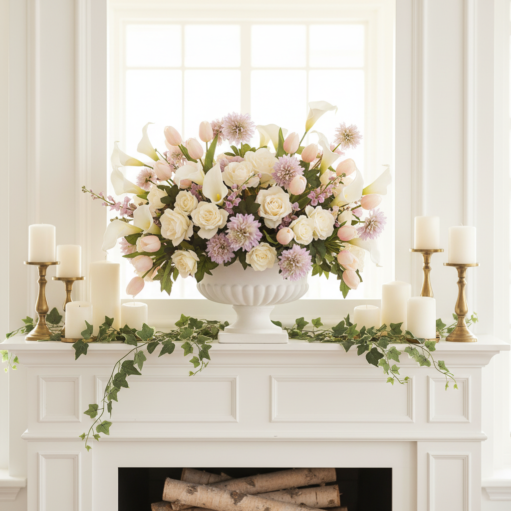 Faux blush lavender dahlia stems with wispy petals in an elegant mantel arrangement with calla lilies and ivory garden roses in a white urn vase