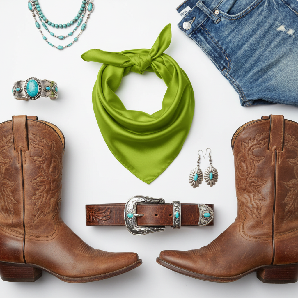 Flat lay of lime green wild rag scarf with western accessories including cowboy boots belt and jewelry