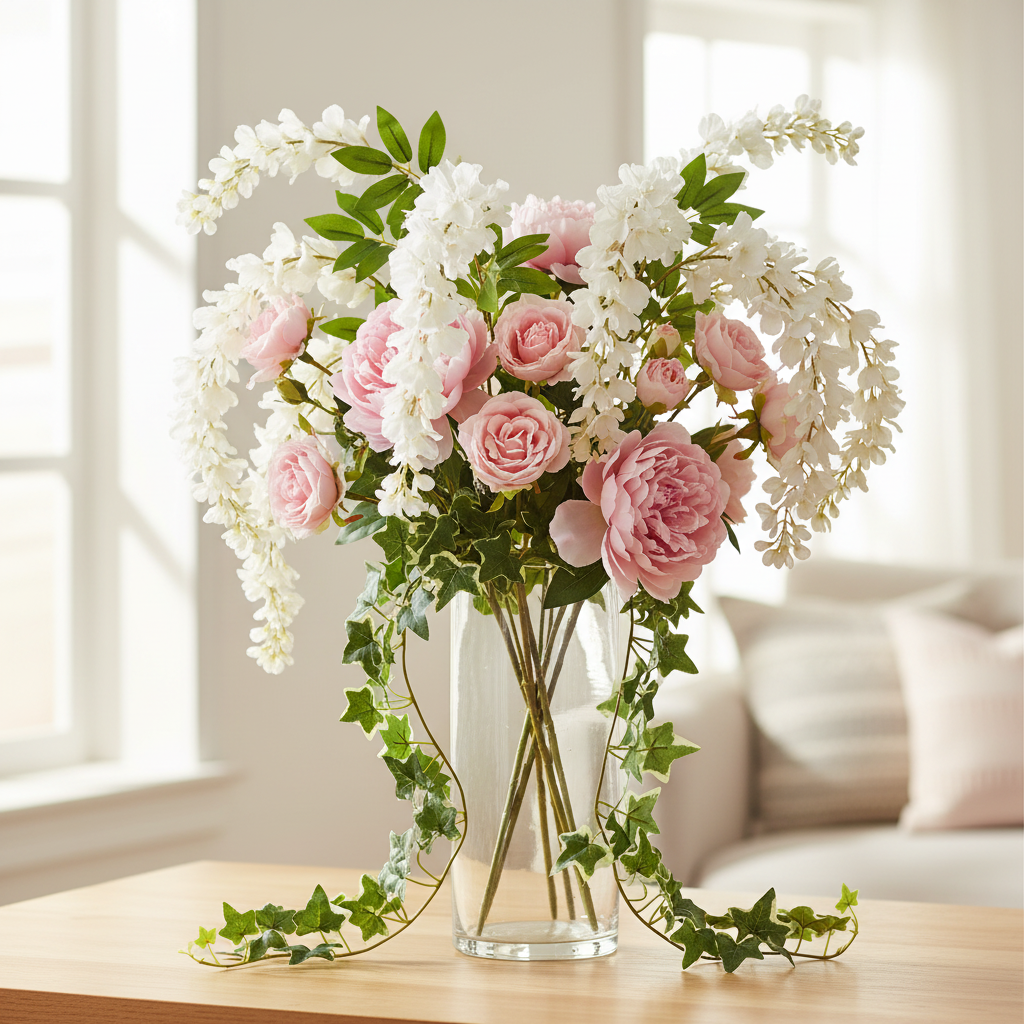 Artificial white wisteria stem arranged in a tall vase with blush peonies, pink garden roses, and trailing ivy