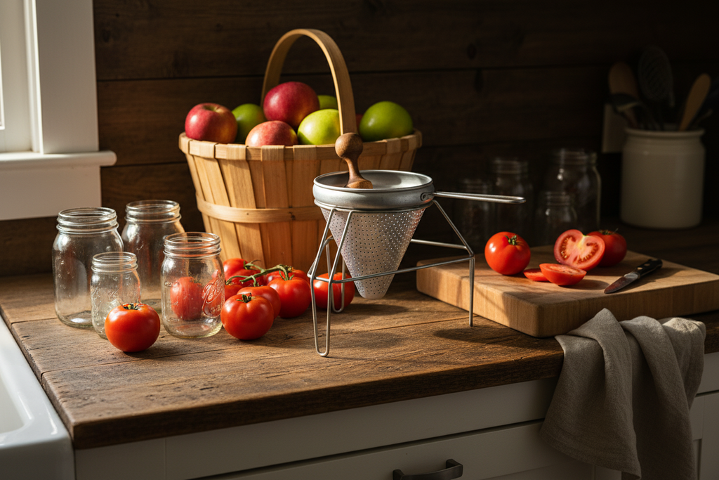 Vintage aluminum chinois cone strainer in wire stand surrounded by fresh tomatoes, apples, and glass canning jars on a rustic farmhouse kitchen counter