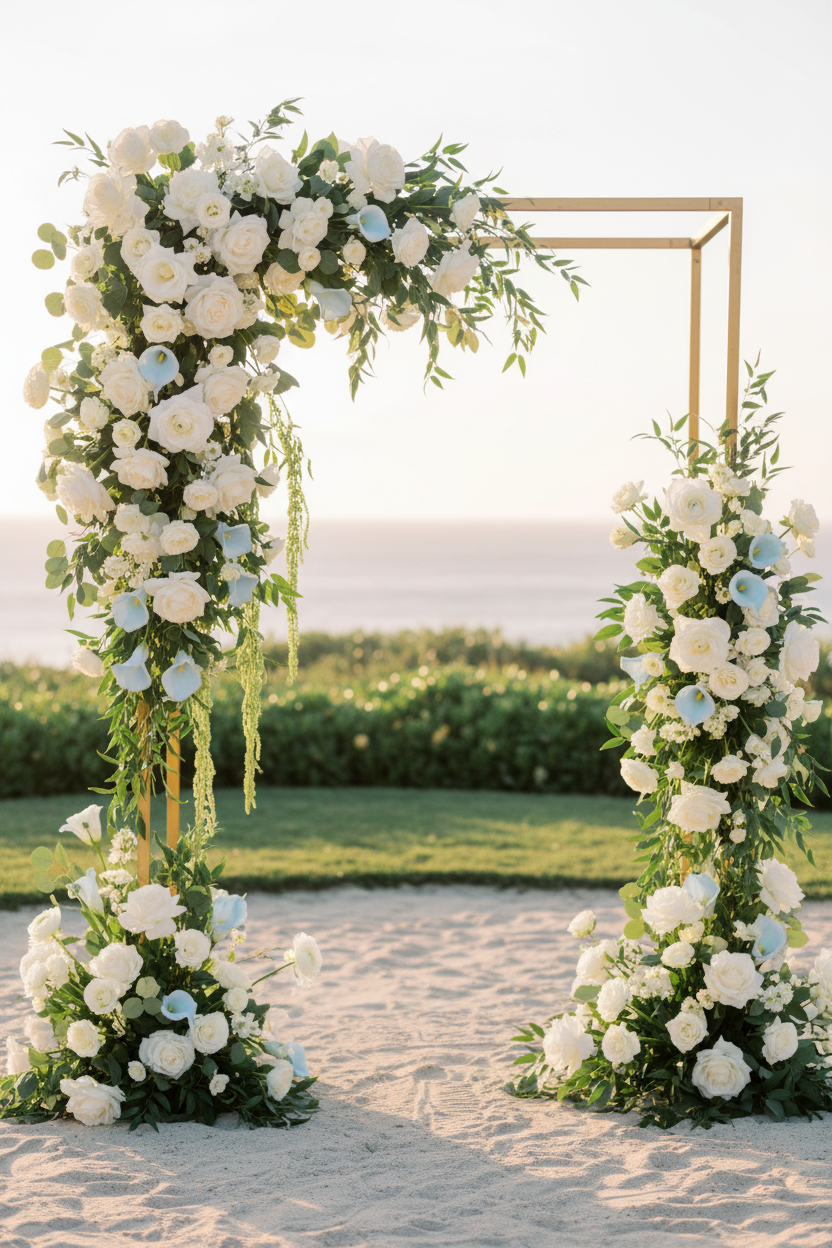 Baby blue artificial calla lily stems decorating a wedding arch with white roses and greenery