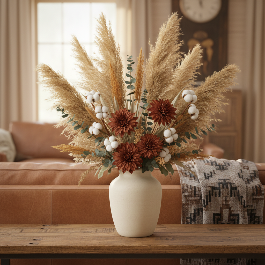 Wheat beige faux pampas grass stems in professional western style floral arrangement with rust dahlias, cotton stems and eucalyptus in cream vase