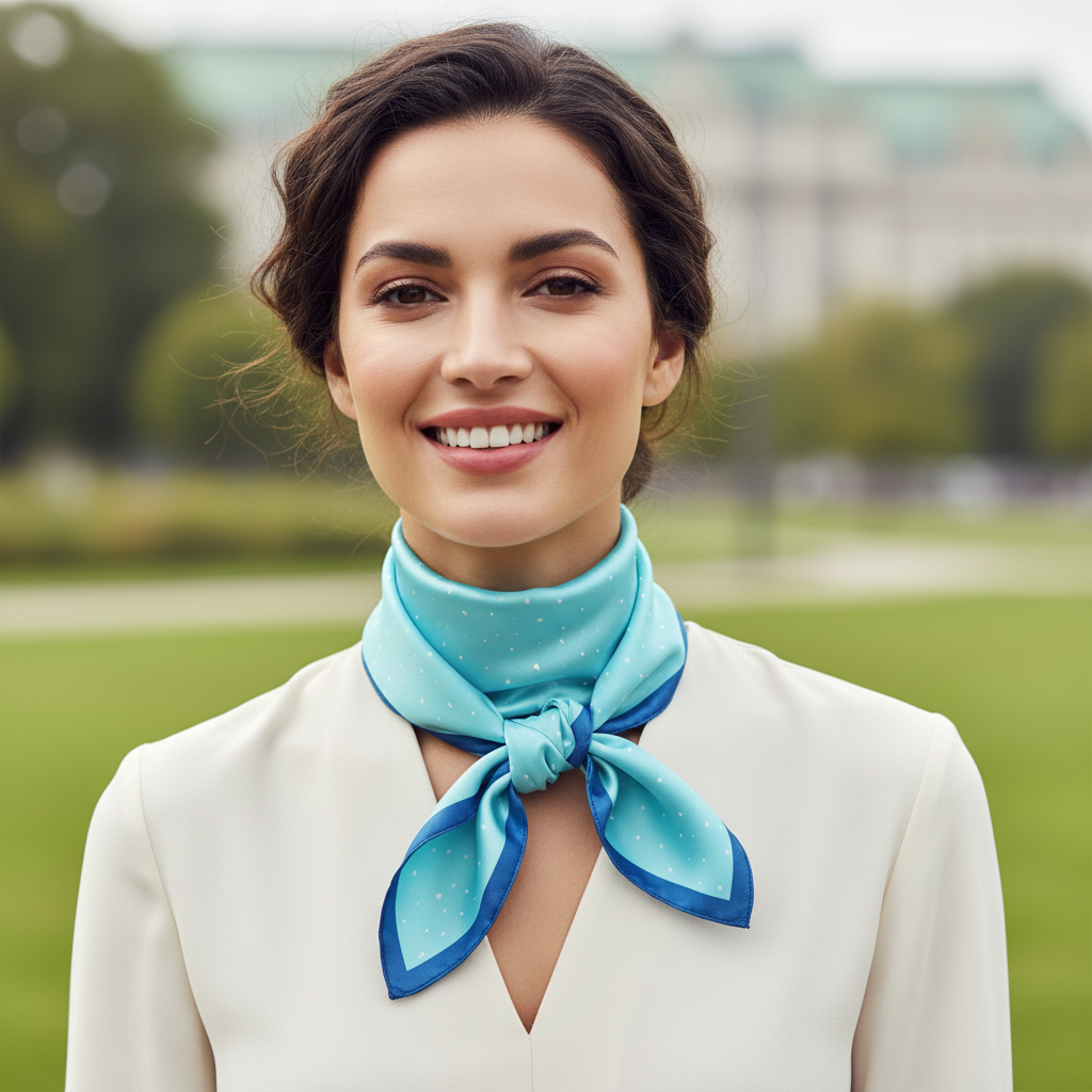 Woman wearing turquoise blue star print square scarf tied around neck as celestial-inspired fashion accessory
