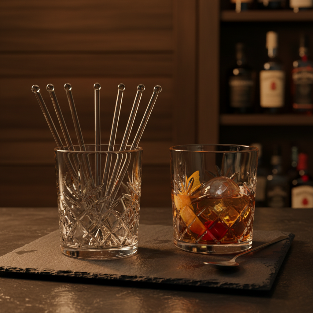 Set of 6 clear glass cocktail stir sticks in a crystal whiskey glass on a dark slate bar surface with an Old Fashioned cocktail, moody amber lighting