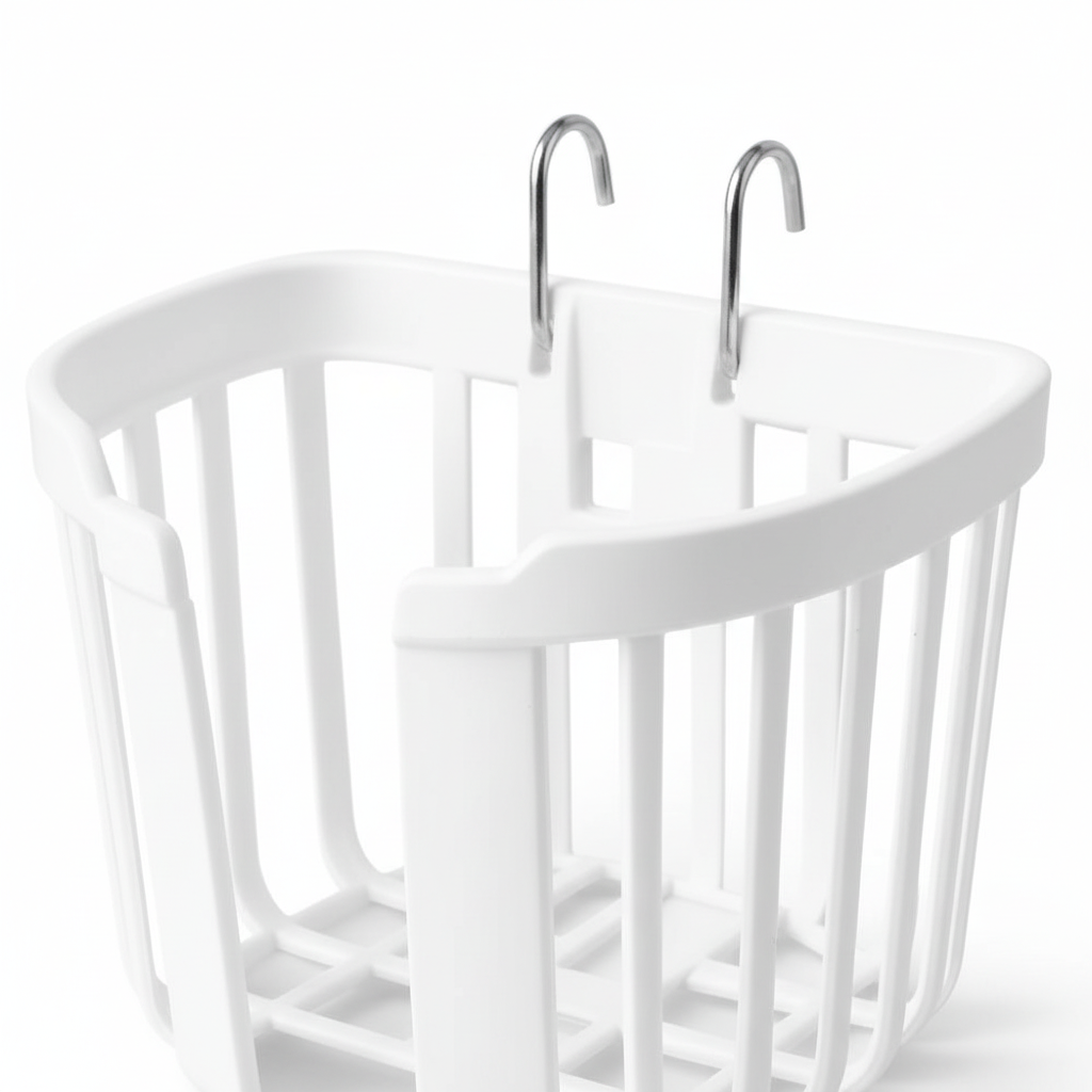 Close-up detail of white acrylic open basket planter showing breathable grid design and metal hook