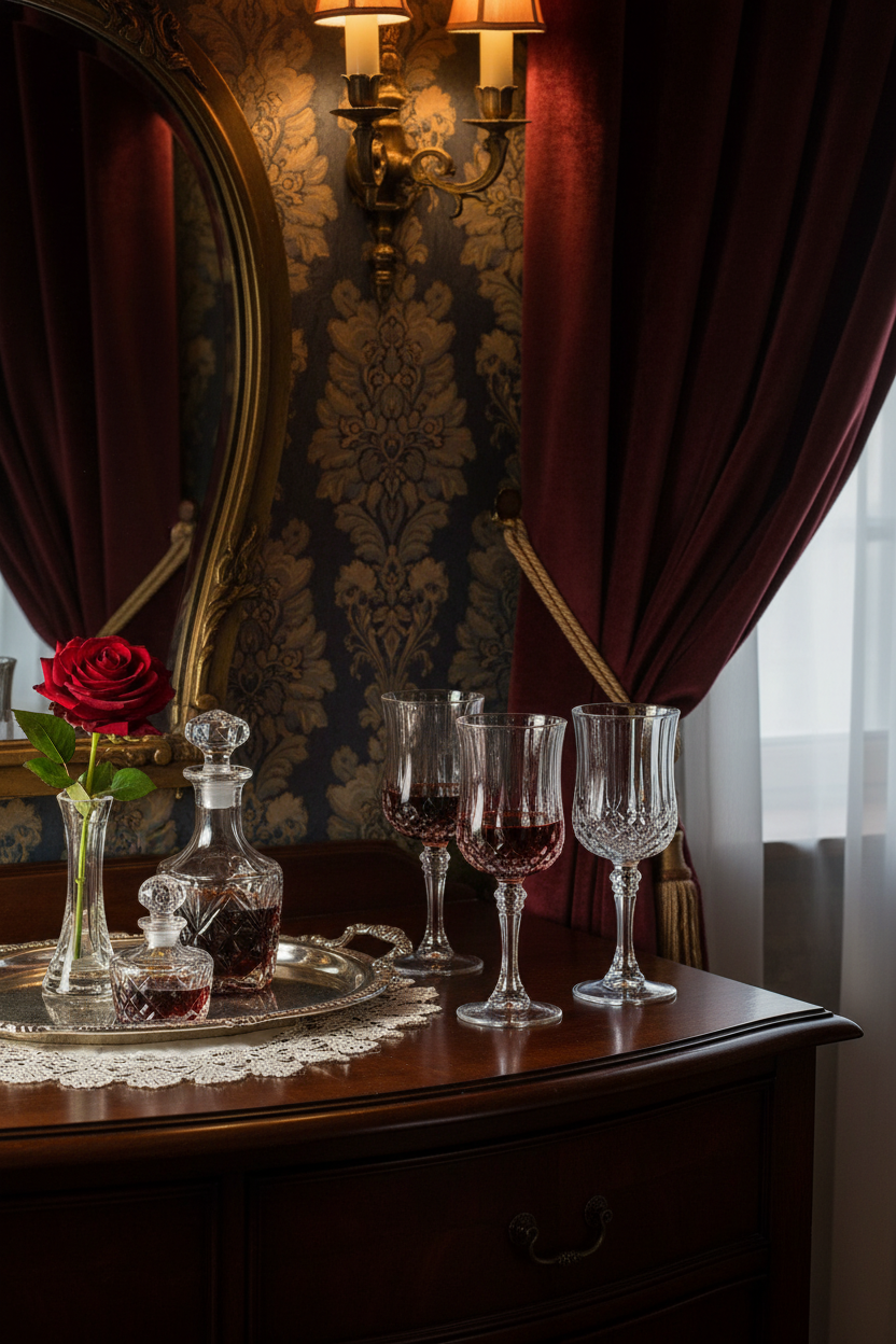 Four Cristal D'Arques Longchamp faceted crystal cordial glasses on a dark mahogany sideboard with silver tray, crystal decanter, and ruby port wine in a moody Victorian setting