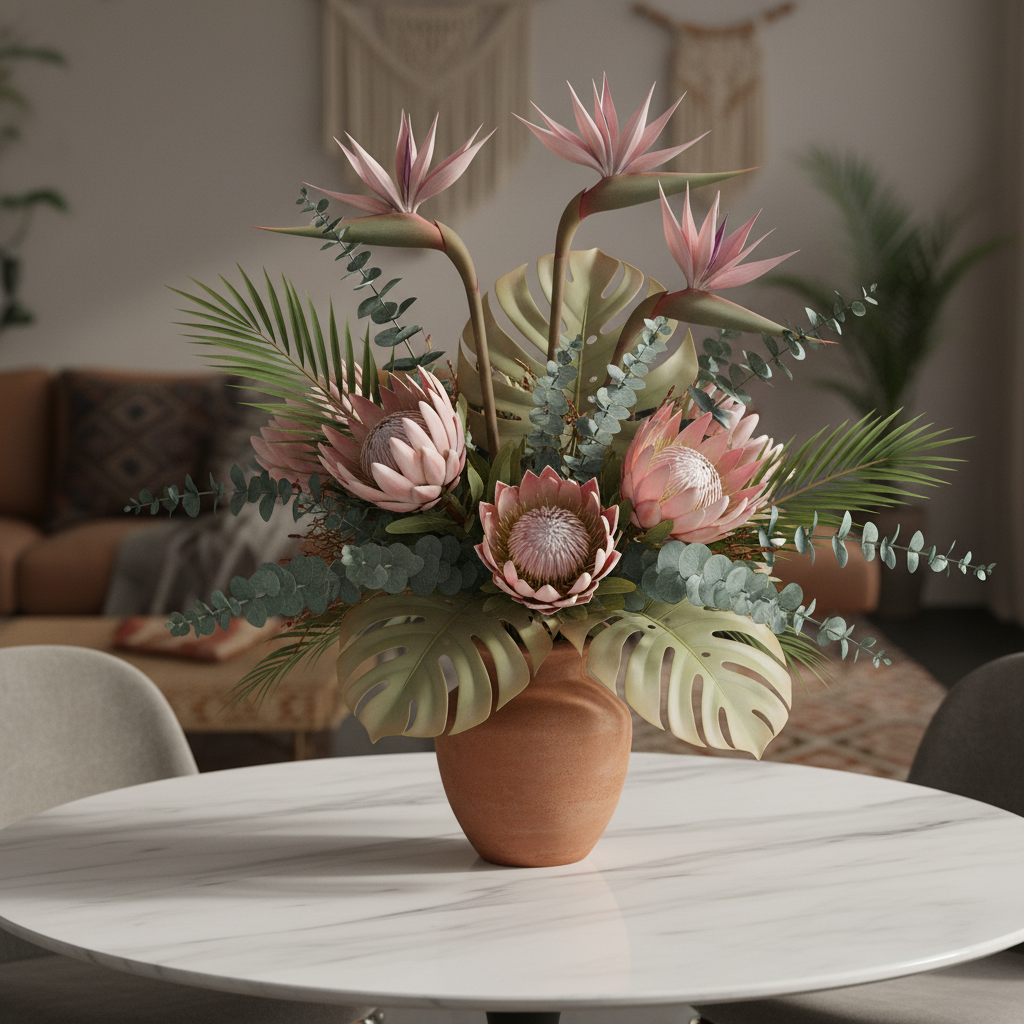 Blush mauve Bird of Paradise stems mixed with pink protea, eucalyptus and monstera leaves in terracotta vase on marble dining table